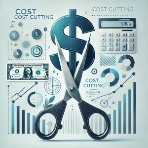 a pair of scissors cutting through a dollar sign, symbolizing reduced expenses. The background is clean and modern, incorporating subtle business-related elements like graphs or office items that emphasize financial efficiency and savings. The color palette includes blues, greens, and neutrals, which convey a sense of trust, growth, and stability.