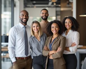 Multicultural team standing together and smiling into the camera